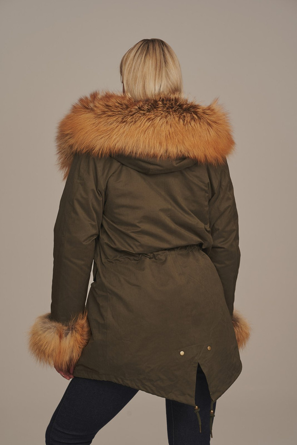 Damen Parka mit Echtfell, olivgrün mit Rotfuchsbesatz
